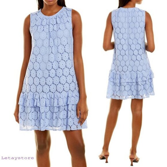 NWT London Times Sleeveless Tiered Ruffle Hem Floral Lace Mini Dress - Picture 1 of 5